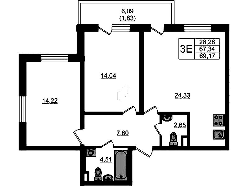 2-комнатная квартира 69.17 м², 1/4 эт., ЖК «Новая история»